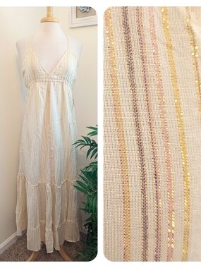 Express Light Yellow Metallic Gold Striped Backless Halter Maxi Dress Small